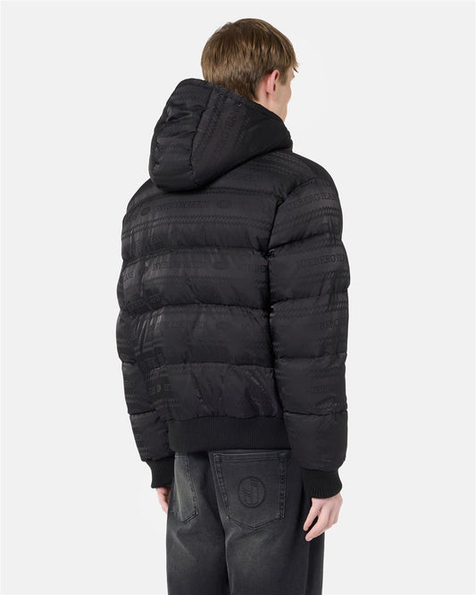 Giubbotto Bomber Fit Nero su Nero in Nylon Jacquard con Logo Iceberg