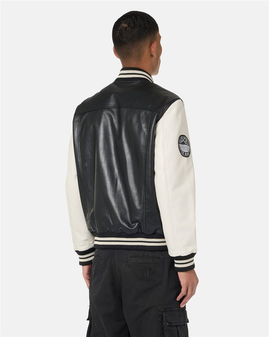 Varsity Jacket di Pelle d'Agnello Nero e Bianco Iceberg