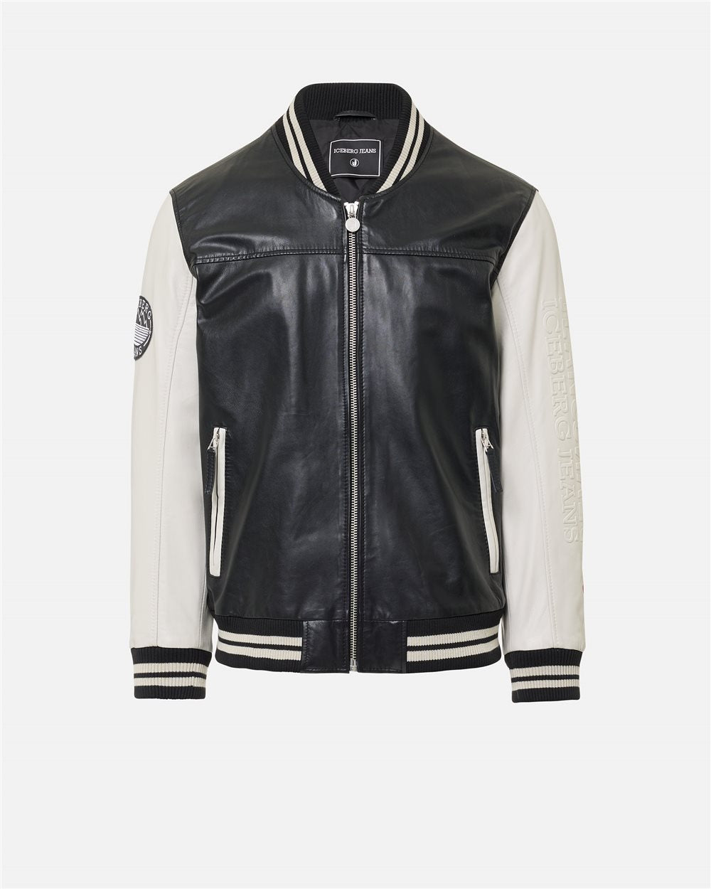 Varsity Jacket di Pelle d'Agnello Nero e Bianco Iceberg