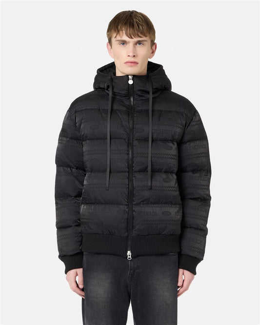 Giubbotto Bomber Fit Nero su Nero in Nylon Jacquard con Logo Iceberg