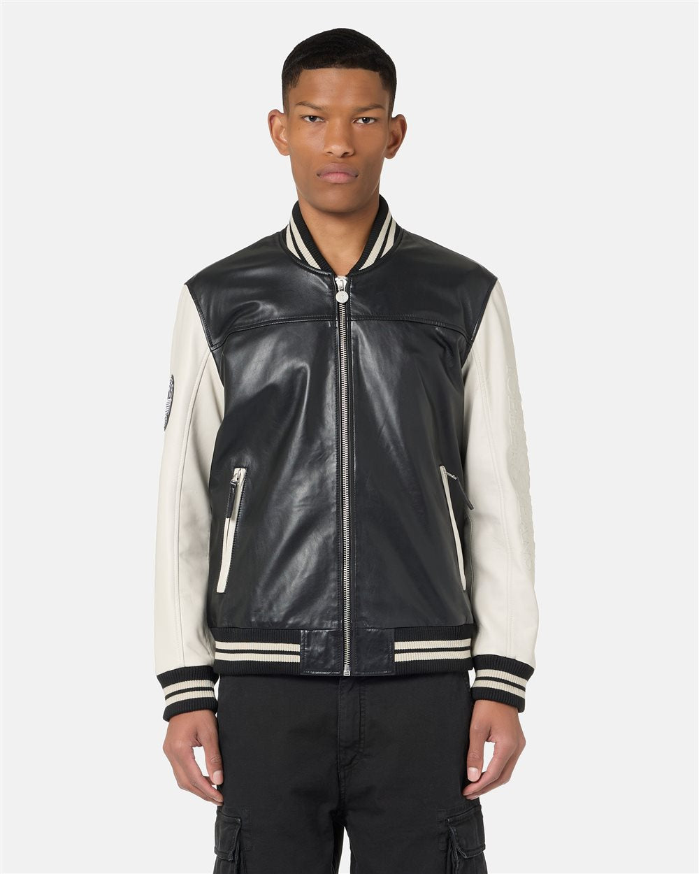 Varsity Jacket di Pelle d'Agnello Nero e Bianco Iceberg