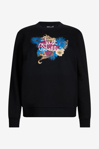 Roberto Cavalli - Felpa Nera con Stampa Logo Floreale