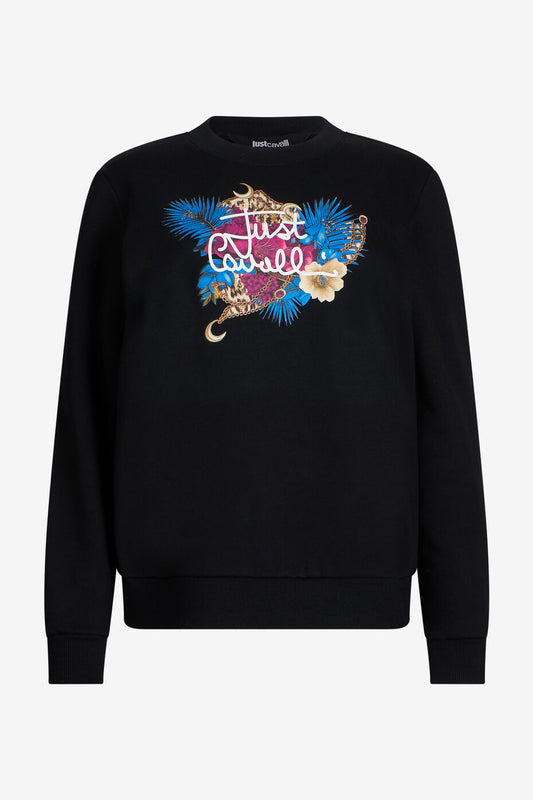 Roberto Cavalli - Felpa Nera con Stampa Logo Floreale