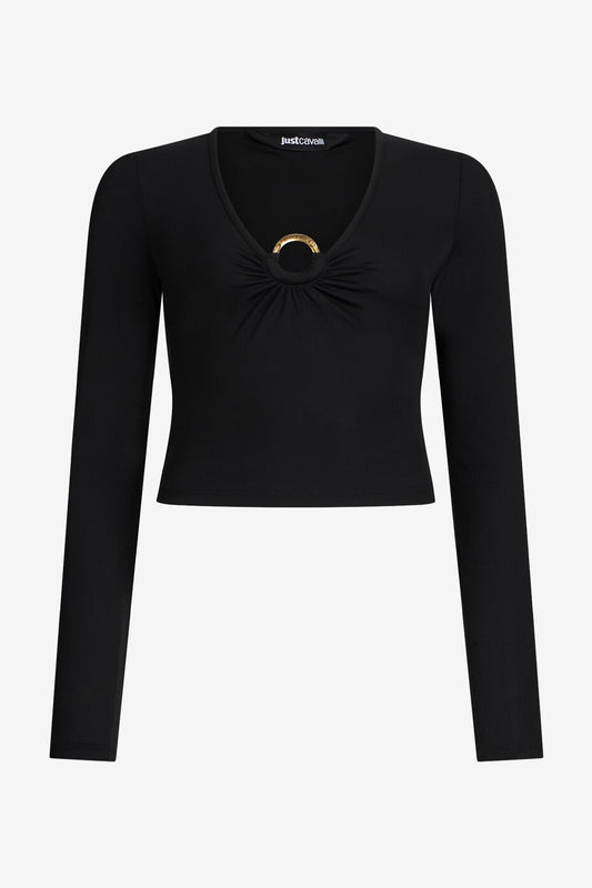 Roberto Cavalli - Top Crop In Lurex Nera Con Anello