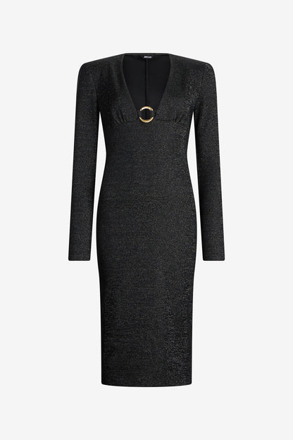 Roberto Cavalli - Abito Midi Nero In Lurex Con Dettaglio Anello